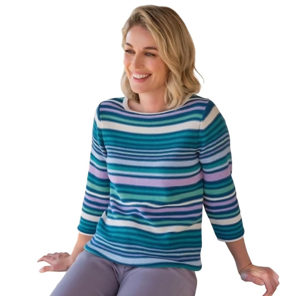 WoolOvers Multi Striped Cotton Sweater Blue Lavender White Size M